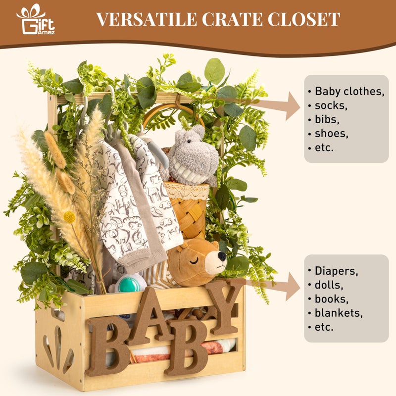 GiftAmaz Wooden Baby Shower Crate Closet, Baby Storage Crate Hamper with Handle, Basket for Baby Shower Gifts, Welcome Gift Basket for Newborn Boys Girls, Pregnancy Gifts for New Parents - Image 4